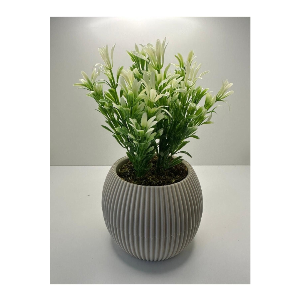 Bej Saksı Yeşil Beyaz Afrika Zambağı Yapay Bitki Taş Yosunlu 18 Cm Dekoratif Masa Çiçeği No:1