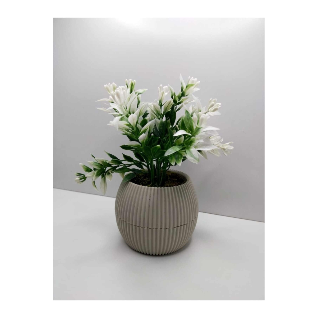 Bej Saksı Yeşil Beyaz Yapay Bitki Garnitür Taş Yosunlu 17 Cm Dekoratif Masa Çiçeği No:1