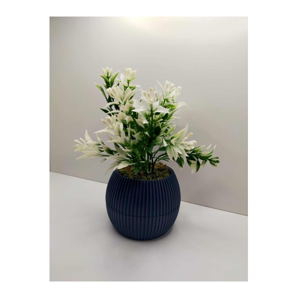 Gece Mavisi Saksı Yeşil Beyaz Yapay Bitki Garnitür Taş Yosunlu 17 Cm Dekoratif Masa Çiçeği No:1