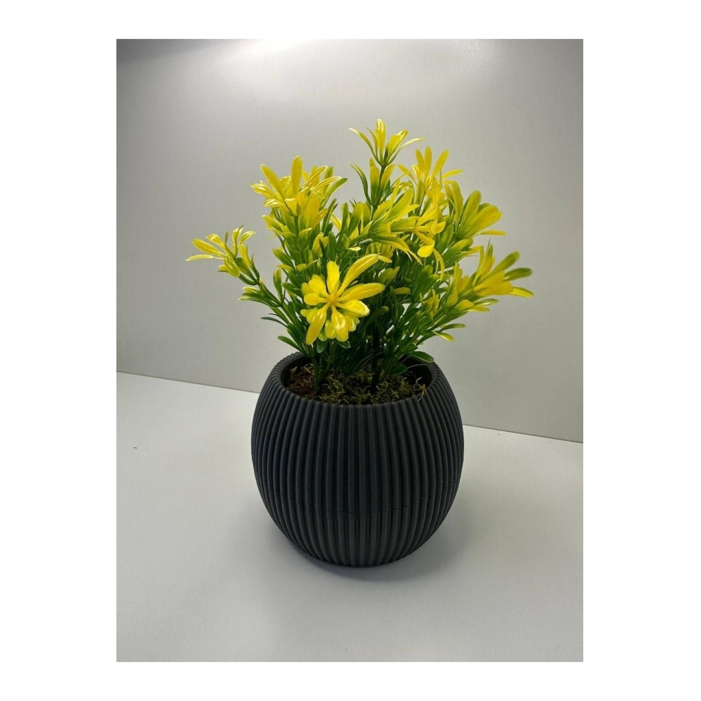 Gri Saksı Sarı Afrika Zambağı Yapay Bitki Gerçek Taş Yosunlu 18 Cm Dekoratif Masa Çiçeği No:1